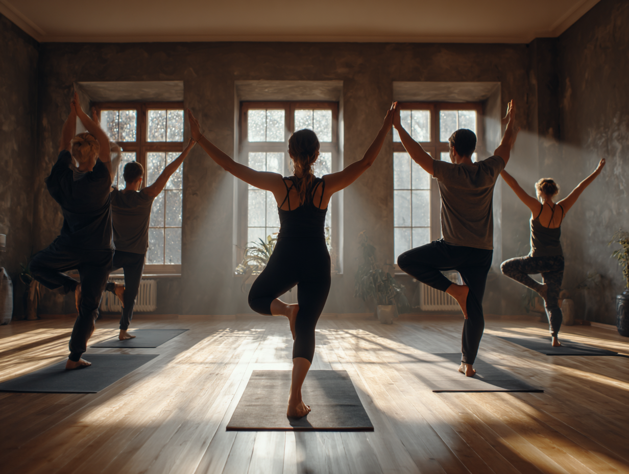 Групова практика йоги у затишному залі